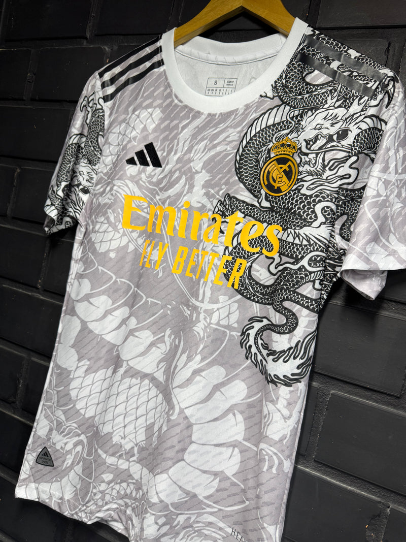 Camisa Real Madrid Edição Especial Dragon Player Branca/Amarelo 24/25